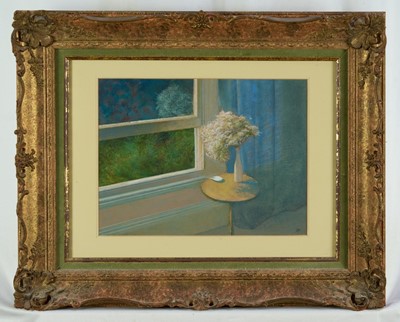 Lot 1031 - David Tindell (b.1932) acrylic on board - Still Life before a Window, initialled, 24cm x 31cm, in glazed frame