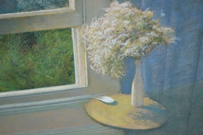 Lot 1031 - David Tindell (b.1932) acrylic on board - Still Life before a Window, initialled, 24cm x 31cm, in glazed frame