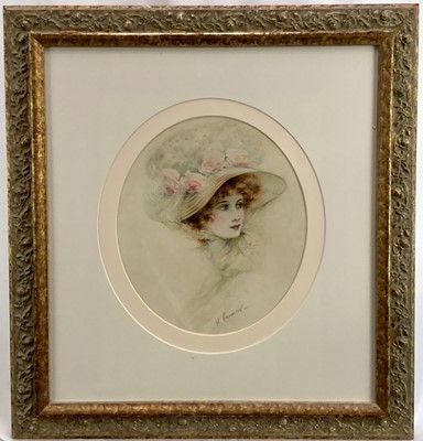 Lot 230 - Henry George Fanner, 19th Century oval watercolour portrait of a lady in a hat, signed, 30cm x 26cm, in gilt frame