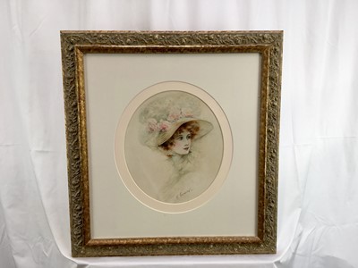 Lot 230 - Henry George Fanner, 19th Century oval watercolour portrait of a lady in a hat, signed, 30cm x 26cm, in gilt frame