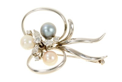 Lot 520 - 18ct white gold diamond and cultured pearl floral spray brooch