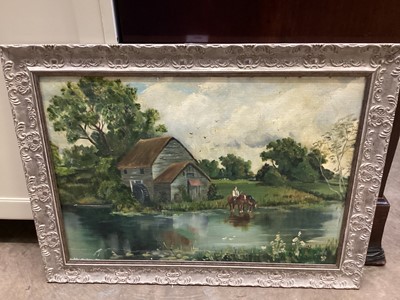 Lot 108 - English School A lake view with watermill and farmer watering horses, oil on canvas board