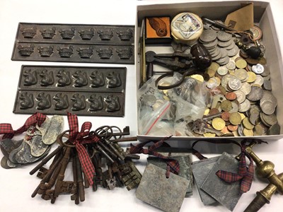 Lot 364 - Two Jones Brothers chocolate mould trays - chickens and squirrels, together with a collection of old keys, various coins and sundries