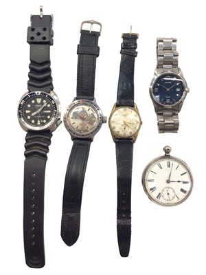 Lot 1080 - Five watches to include a Victorian Waltham silver pocket watch, Seiko Automatic divers watch, Russian 'Amphibian' wristwatch and two vintage Accurist wristwatches