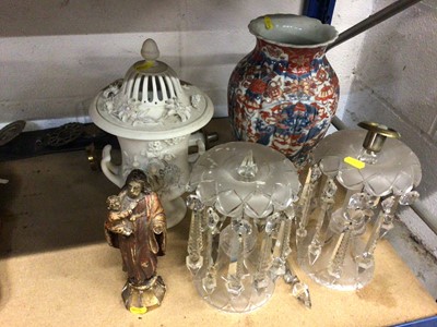 Lot 57 - Pair of glass lustres, Parian ware urn, carved religious figure, and an Imari vase
