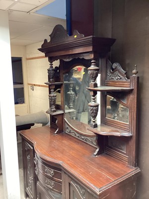 Lot 1333 - Late Victorian/Edwardian carved walnut two height sideboard with bevelled mirror back, 151cm wide, 47cm deep, approximately 220cm high