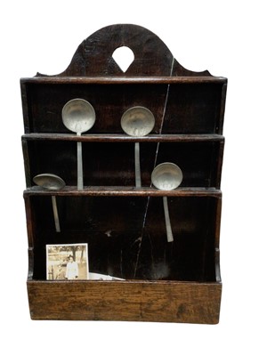 Lot 1651 - 18th century oak spoon rack and pewter spoons