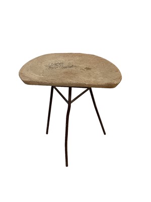 Lot 1722 - Industrial three-legged stool, with a shaped wooden seat