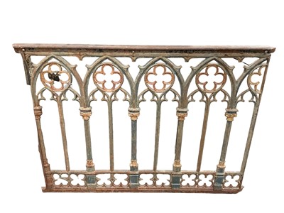 Lot 1738 - Gothic revival, wrought iron railing, painted green and gold, thought to be from a church