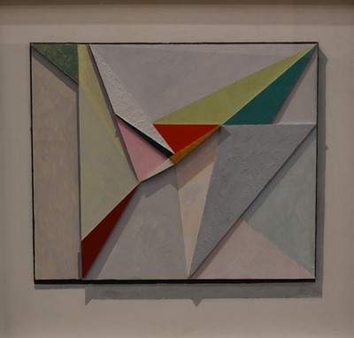 Lot 1739 - Mary Mellor (contemporary) abstract collage of geometric applied wooden shapes