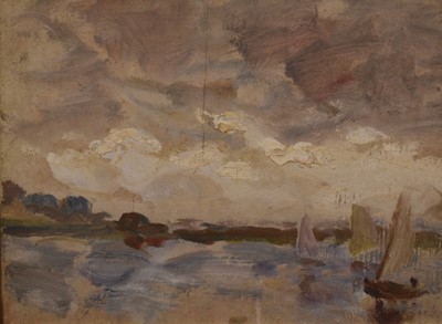 Lot 1772 - Jean Alexander (1911-1994) oil on board - Boating Lake and Backwater, Walton, 1950