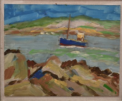 Lot 1776 - Attributed to Philip Sutton (b.1928), oil on board, shipping boat