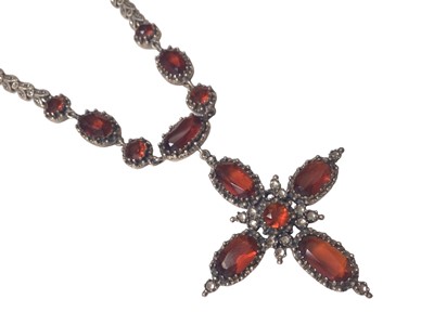 Lot 69 - 19th century style silver and gem set cross pendant on silver and marcasite chain, marker's mark GJ