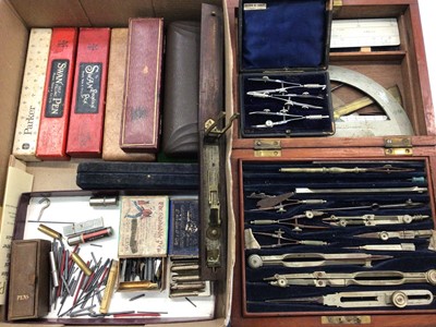 Lot 375 - Drawing instrument set in wooden case, other related items and a collection of old keys