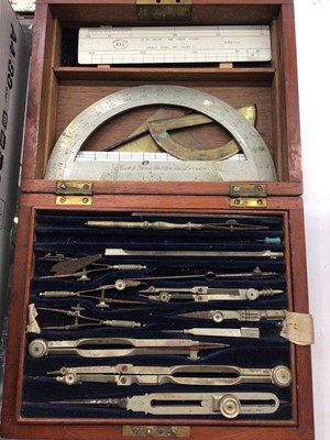 Lot 375 - Drawing instrument set in wooden case, other related items and a collection of old keys