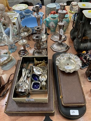 Lot 480 - Pair of Old Sheffield plate candlesticks, other candlesticks, cased cutlery sets and other metalware.