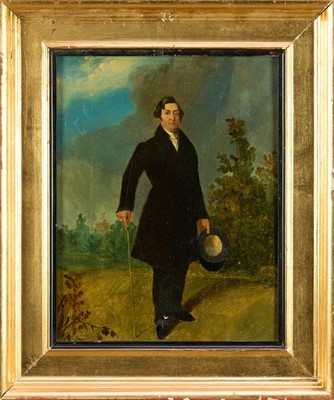 Lot 1121 - English School (circa 1840) pair of oils on canvas - A portrait of a Gentleman, Windsor Castle beyond and A Portrait of a Lady, both 32cm x 25cm, in gilt frames (2)