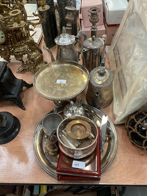 Lot 483 - Group of assorted silver plated items to include teapots and candlesticks