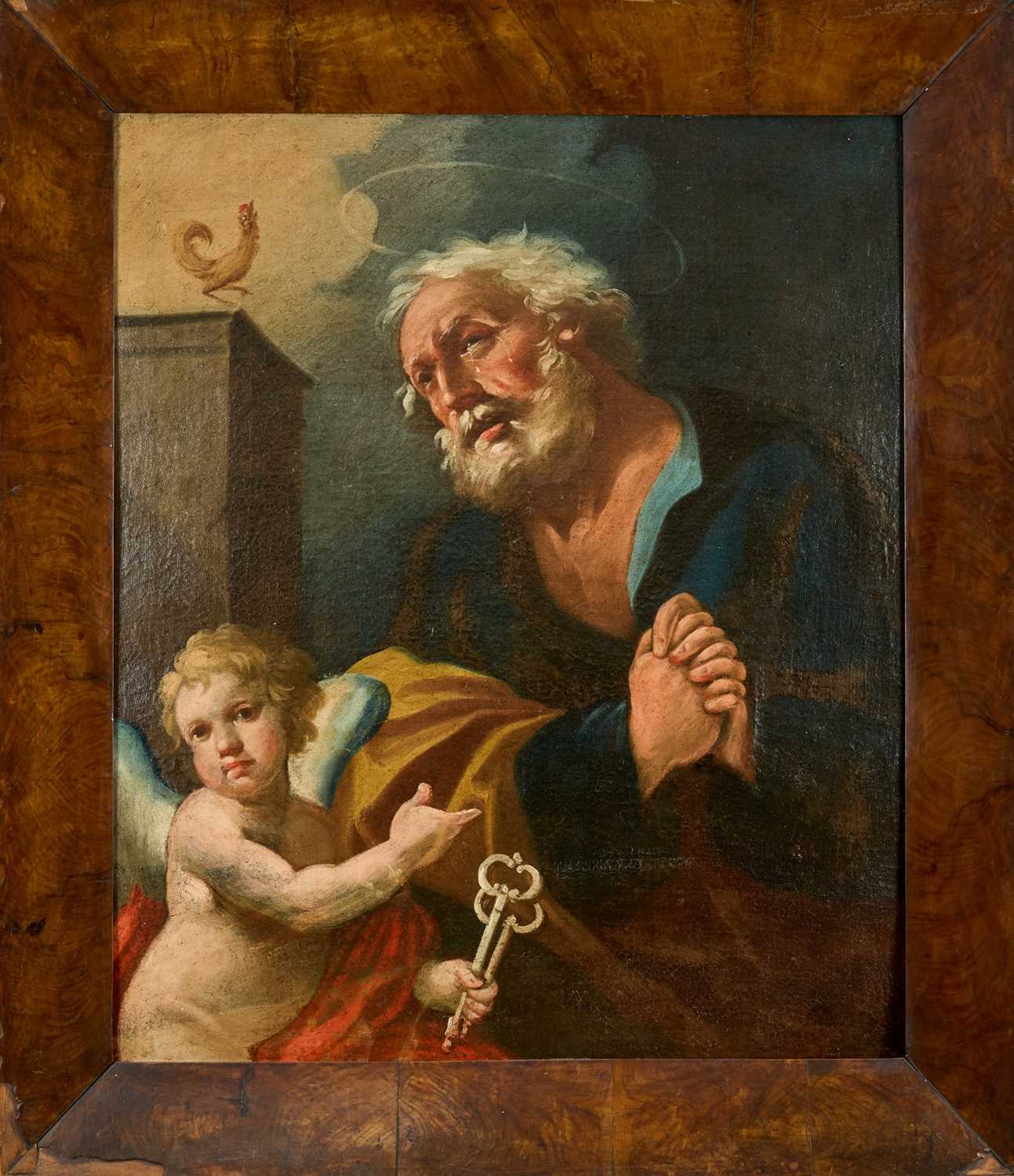 Lot 1120 - 18th century Flemish School, oil on canvas laid on board - St. Peter and the Cockerel, 70cm x 59cm, in walnut veneered frame