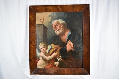 Lot 1120 - 18th century Flemish School, oil on canvas laid on board - St. Peter and the Cockerel, 70cm x 59cm, in walnut veneered frame