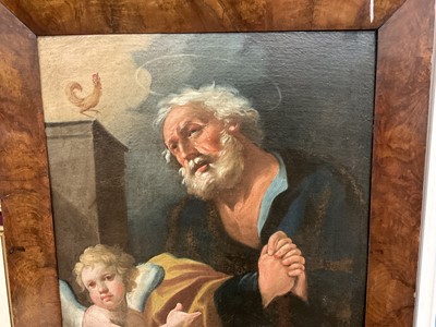 Lot 1120 - 18th century Flemish School, oil on canvas laid on board - St. Peter and the Cockerel, 70cm x 59cm, in walnut veneered frame