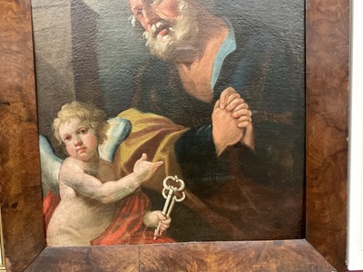 Lot 1120 - 18th century Flemish School, oil on canvas laid on board - St. Peter and the Cockerel, 70cm x 59cm, in walnut veneered frame