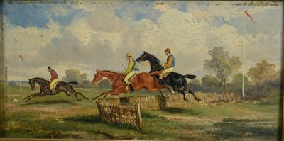 Lot 1096 - Continental School (c1880) a pair of oils on panel - Steeple Chasing and A Hunting Party, both signed with unknown signature verso, each 16cm x 32cm, framed (2)