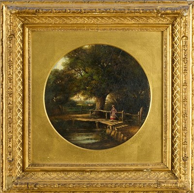 Lot 1091 - East Anglian School (c1860) pair of oils on canvas, tondo - A Woodland scene with girl on a wooden bridge and Cattle watering in a stream, 19cm diameter in gilt frames (2)