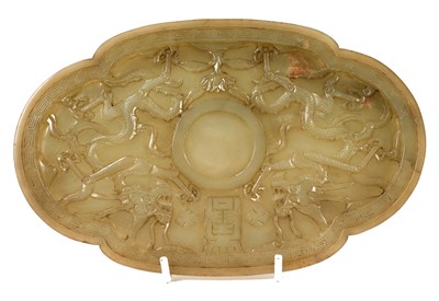 Lot 959 - Chinese jade tray, carved in relief with dragons, and a Greek Key border, Ming style