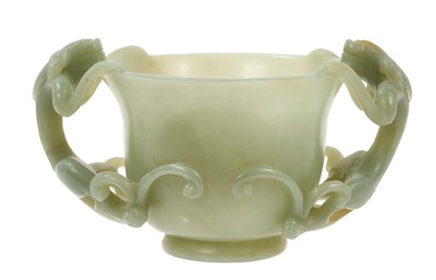 Lot 960 - Chinese celadon jade 'Chilong' cup, with some russet inclusions