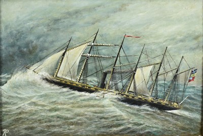 Lot 1122 - English School (c1890) oil on canvas - Six masted steam sailing vessel in very heavy seas, initialled P.P., 40cm x 60cm in gilt frame