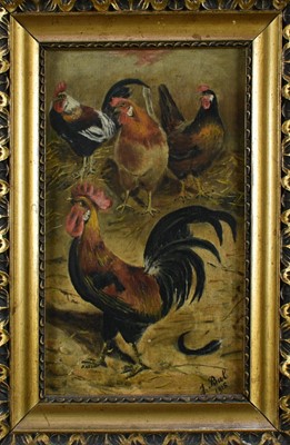 Lot 1095 - J. Bal, early 20th century pair of oils on panel - Fighting cocks and a Rooster with Hens, signed and dated 1915 and 1916, the first 12.5cm x 21cm and the second 21cm x 12.5cm (2)