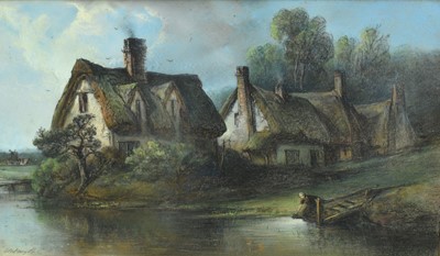 Lot 1085 - Edward Robert Smythe (1810 - 1899) pastel - River landscape with a woman fetching water in the foreground, a row of thatched cottages beyond, signed, 32cm x 56cm, in gilt frame