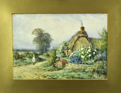 Lot 1084 - Joan Molyneaux Stannard (1903-1942) watercolour - a girl on a path by a thatched cottage, signed, 24cm x 34cm, in gilt frame.