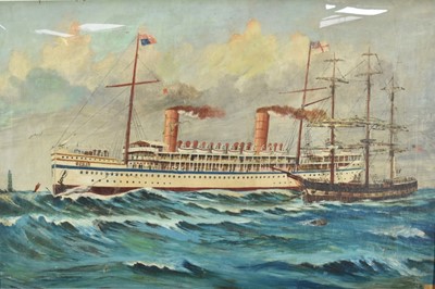 Lot 1092 - English School (c1900) oil on canvas - The Royal Yacht Ophir passing an anchored barque, 59cm x 89cm in glazed white frame