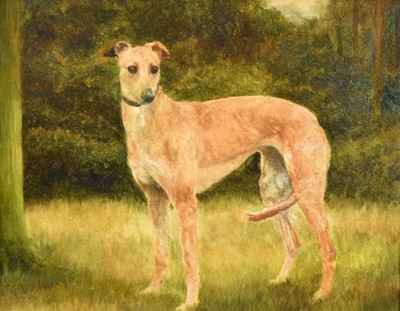 Lot 1097 - English School (c1900) oil on canvas laid on board - A Greyhound, 29cm x 38cm, in oak frame