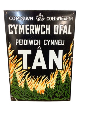 Lot 57 - Original Welsh Forestry Commission enamel sign warning against starting fires, 53cm x 38cm