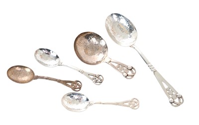 Lot 351 - Arts & Crafts silver caddy spoon, compote spoon and three coffee spoons