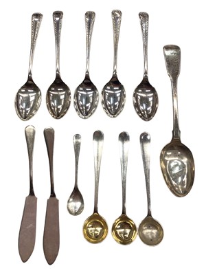 Lot 1081 - Group of silver teaspoons, salt spoons and two butter knives