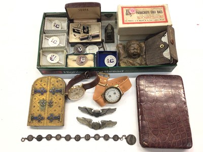 Lot 381 - Six Ladies Gold Union pins, Parachute golf ball in orginal box, Domatic Counter golf score watch, vintage Timex wristwatch, leather cigar case and other items