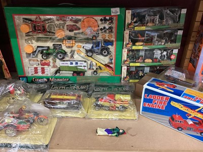 Lot 641 - Green Monster farm playset, Equestrian playsets, Jouets en Fer-Blanc reproduction tinplate toys & fire engines (1 shelf)