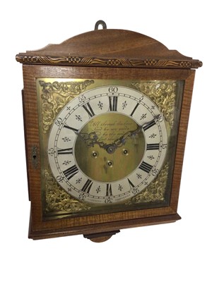 Lot 757 - 1930s Georgian-style chiming wall clock retailed by Chambers, Colchester with gilt and silvered dial, three ringed winding holes chiming on hours,quarters and halves in mahogany case 47cm high, 32c...