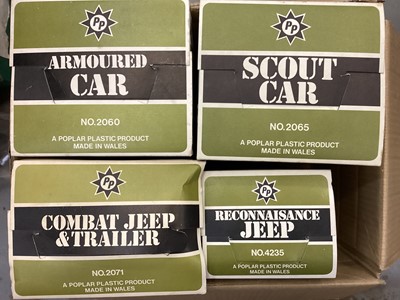 Lot 645 - Poplar Plastic Military Action Vechiles including Armoured Car No.2060, Scout Car No.2065, Combat Jeep & Trailer No.2071 & Reconnaisance Jeep No.4235 (4)