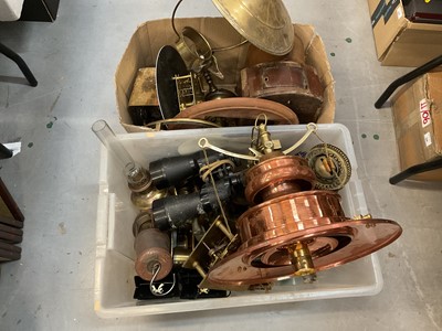 Lot 527 - Collection of clock parts, miners lamps, binoculars and sundry items (2 boxes)