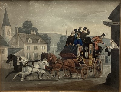 Lot 269 - Victorian hand coloured engraving depicting the Royal Mail Coach from Bath to London, 21cm x 27cm, together with Georgian black and white engraving in maple frame