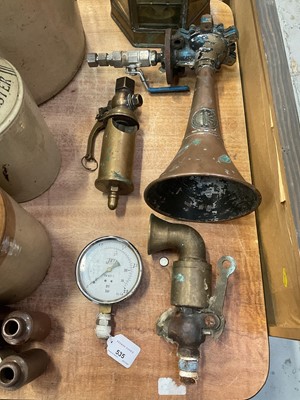 Lot 535 - Brass whistle, copper Kockums horn, gauges and other items (4)