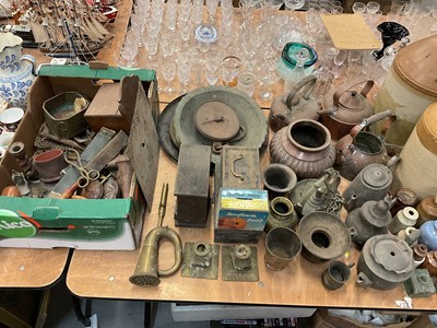 Lot 537 - Collection of copper and brassware to include kettles, candlesticks and other items.