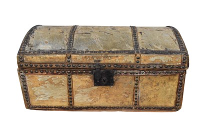 Lot 1336 - 18th century dome top, hide covered and studded carriage trunk, makers' label to inside 'Pound & Tasker' 81d 64 Leadenhall St, London