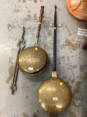 Lot 808 - 18th century warming pan with pierced brass lid and iron handle together with 18th century brass warming an with pierced lid and short handle and Georgian brass tongs