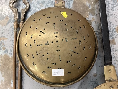 Lot 808 - 18th century warming pan with pierced brass lid and iron handle together with 18th century brass warming an with pierced lid and short handle and Georgian brass tongs